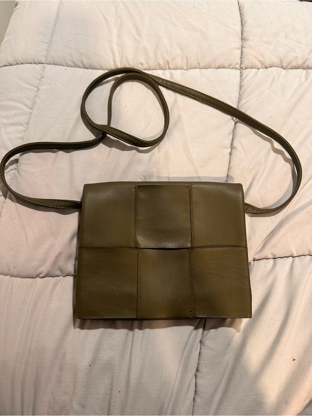 Kendall & Kylie Olive Green Woven-Panel Crossbody Bag